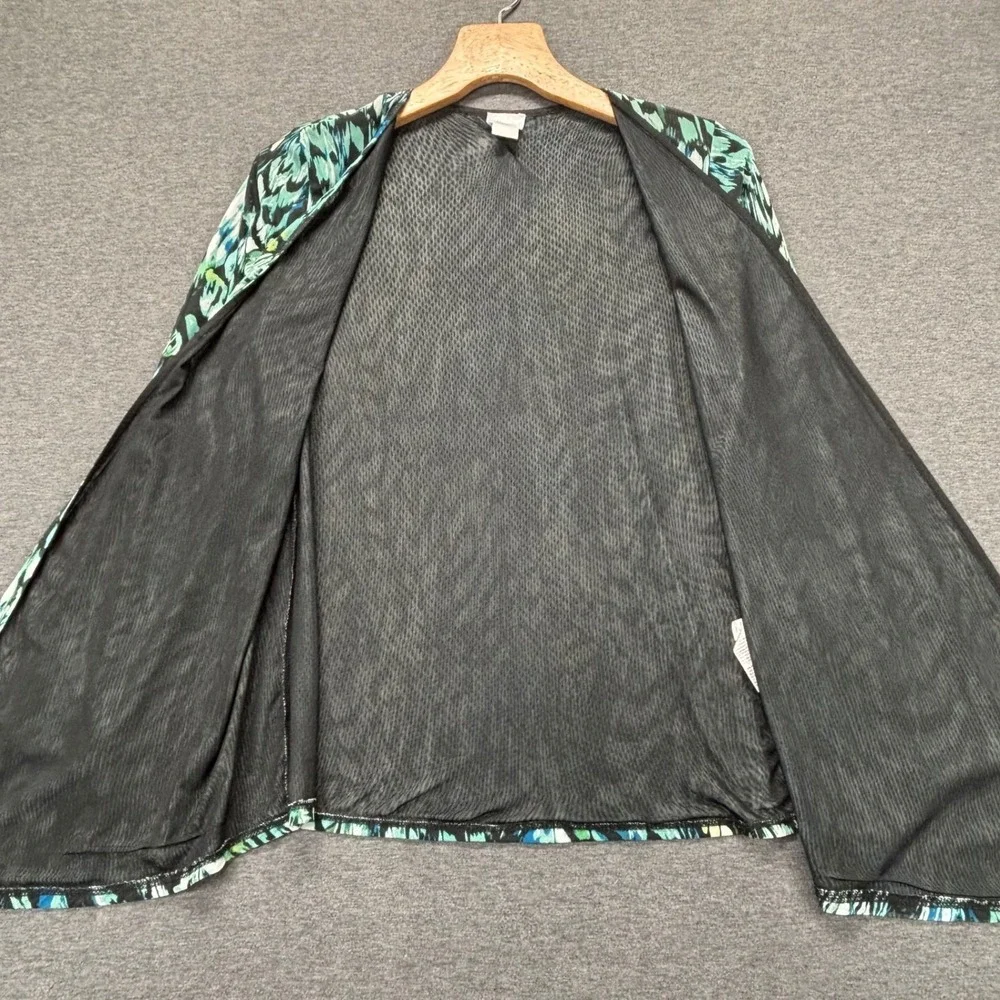 Chicos Cardigan Womens S Open Front Long Sleeve Teal Black Abstract Print Sheer